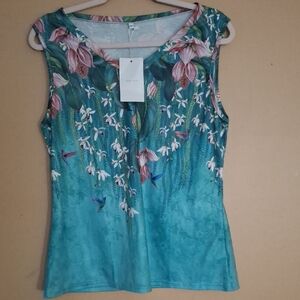 Sleeveless Floral Hummingbird Print Tank Top - Teal NWT Sz Medium